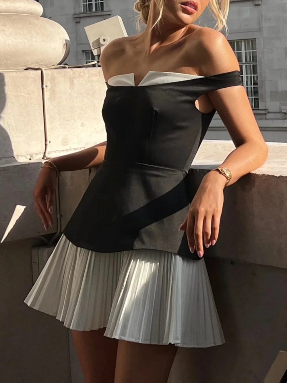 Commense: Patchwork Off Shoulder Pleated Mini Dress - Picture 2 of 9